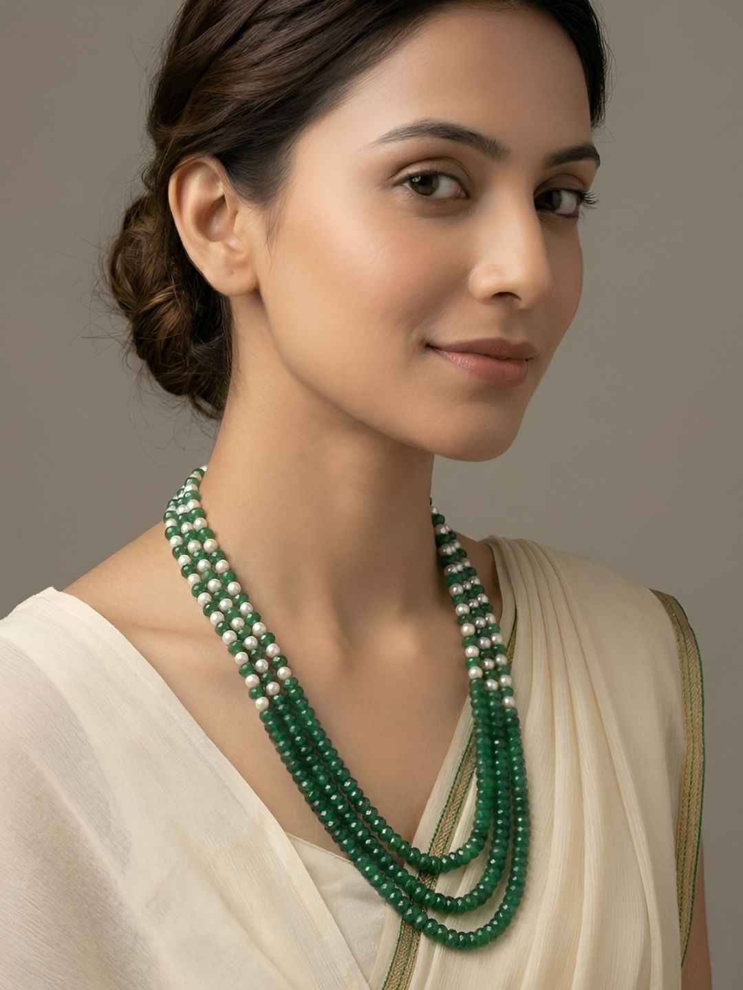 Handcrafted Layered Green Jade And Pearls Beaded Necklace set For Women - Gemstone Jewellery