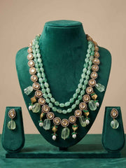 Designer Layered Beaded Green Uncut Kundan Polki Necklace Set | Wedding & Festive Wear
