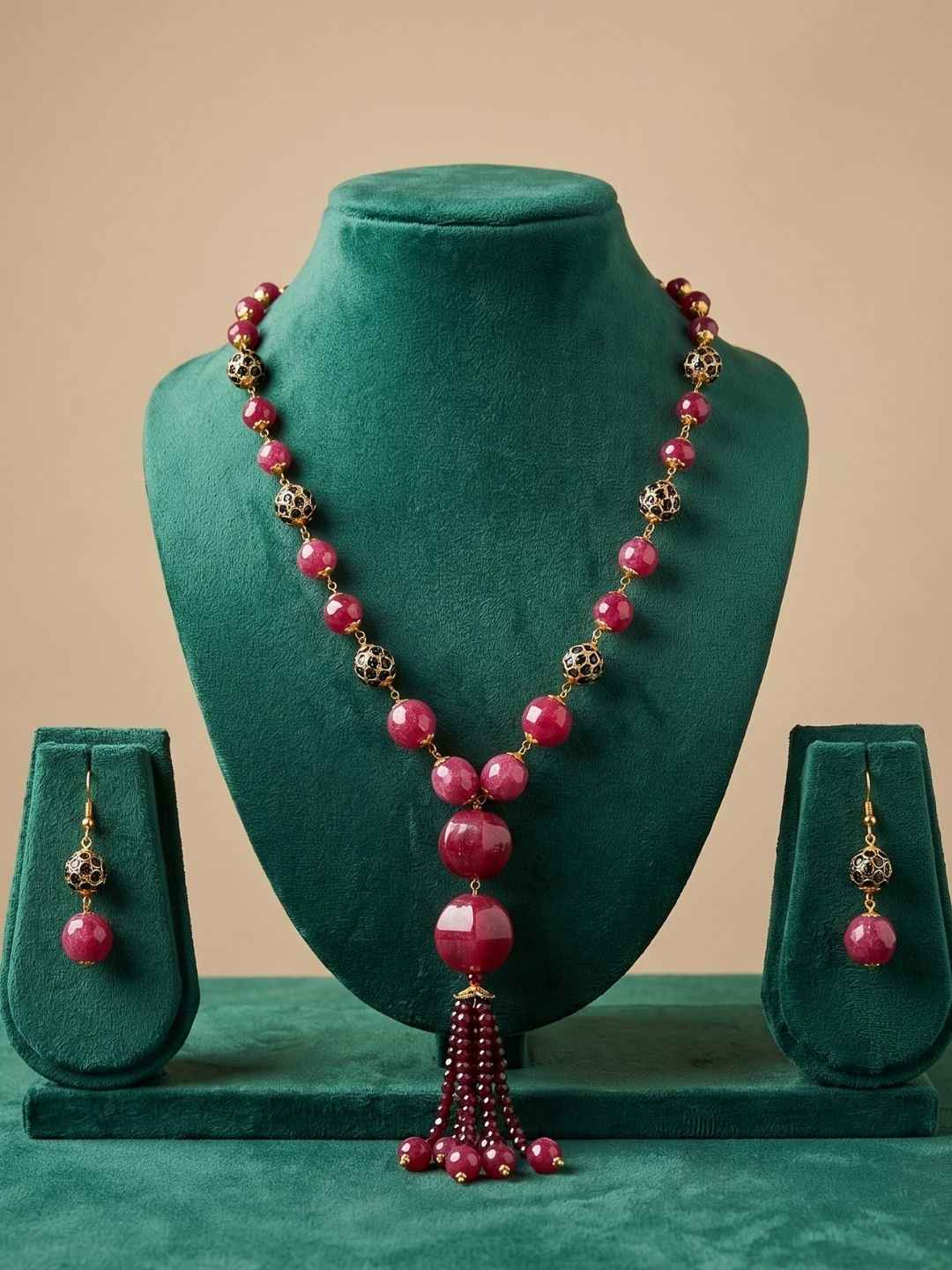 Designer Natural Gemstone Watermelon Shaped Red Jade Beaded Necklace Set With Tassels