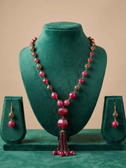 Designer Natural Gemstone Watermelon Shaped Red Jade Beaded Necklace Set With Tassels