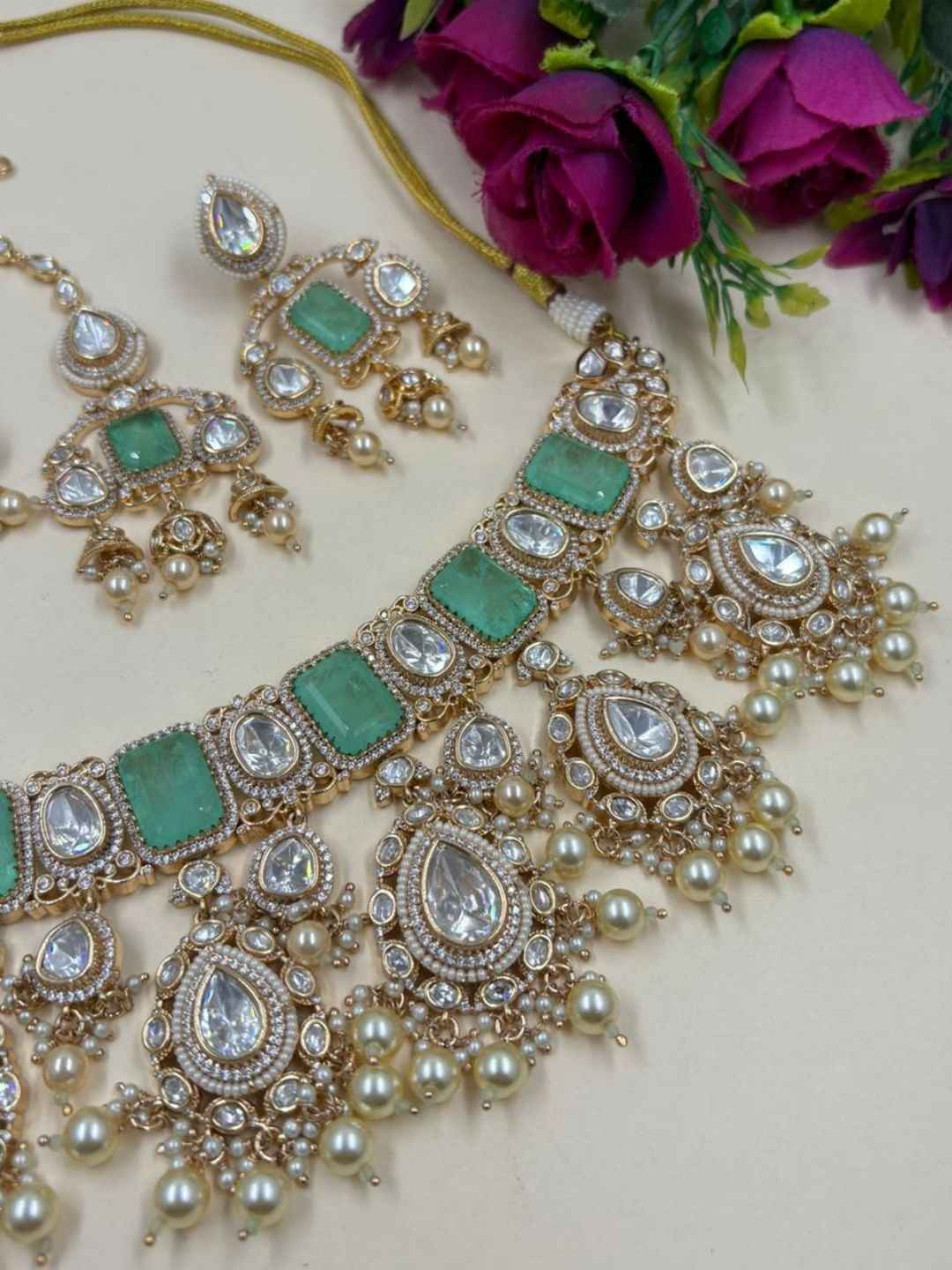 Rose Gold Finish Mossanite Polki Luxury Wedding Choker Jewellery Set - Bridal Jewellery Set With Tikka