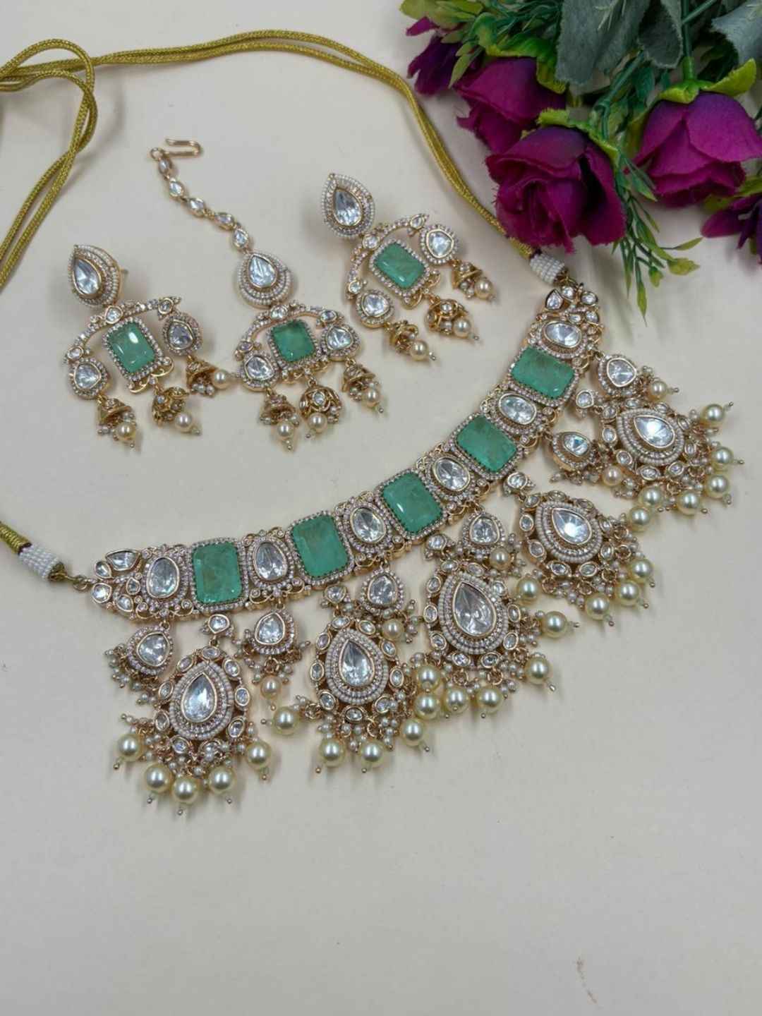 Rose Gold Finish Mossanite Polki Luxury Wedding Choker Jewellery Set - Bridal Jewellery Set With Tikka