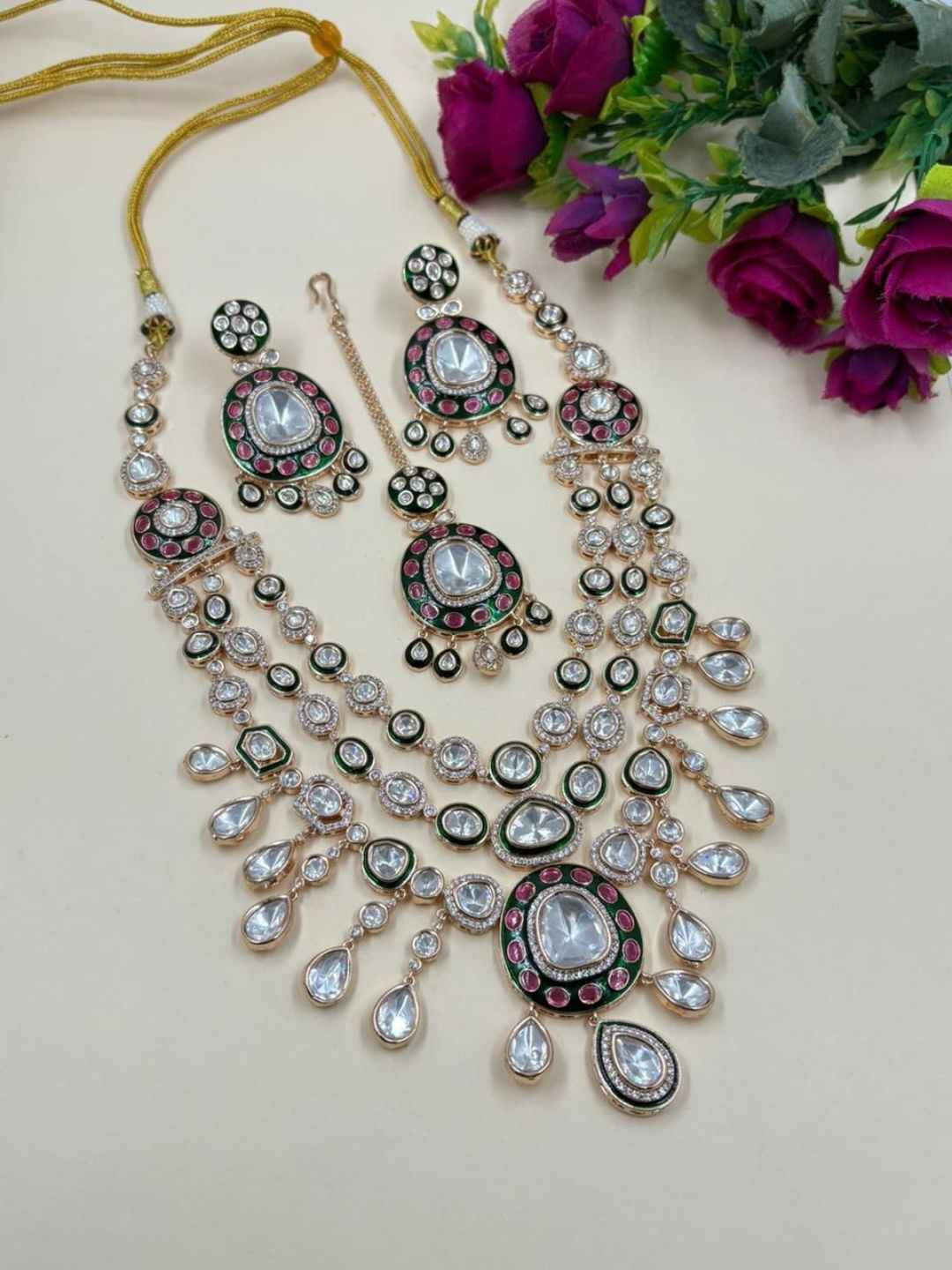 Designer Kundan Wedding Jewelry Set With Green Enamel | Traditional Bridal Jewellery Set Wiith Tikka