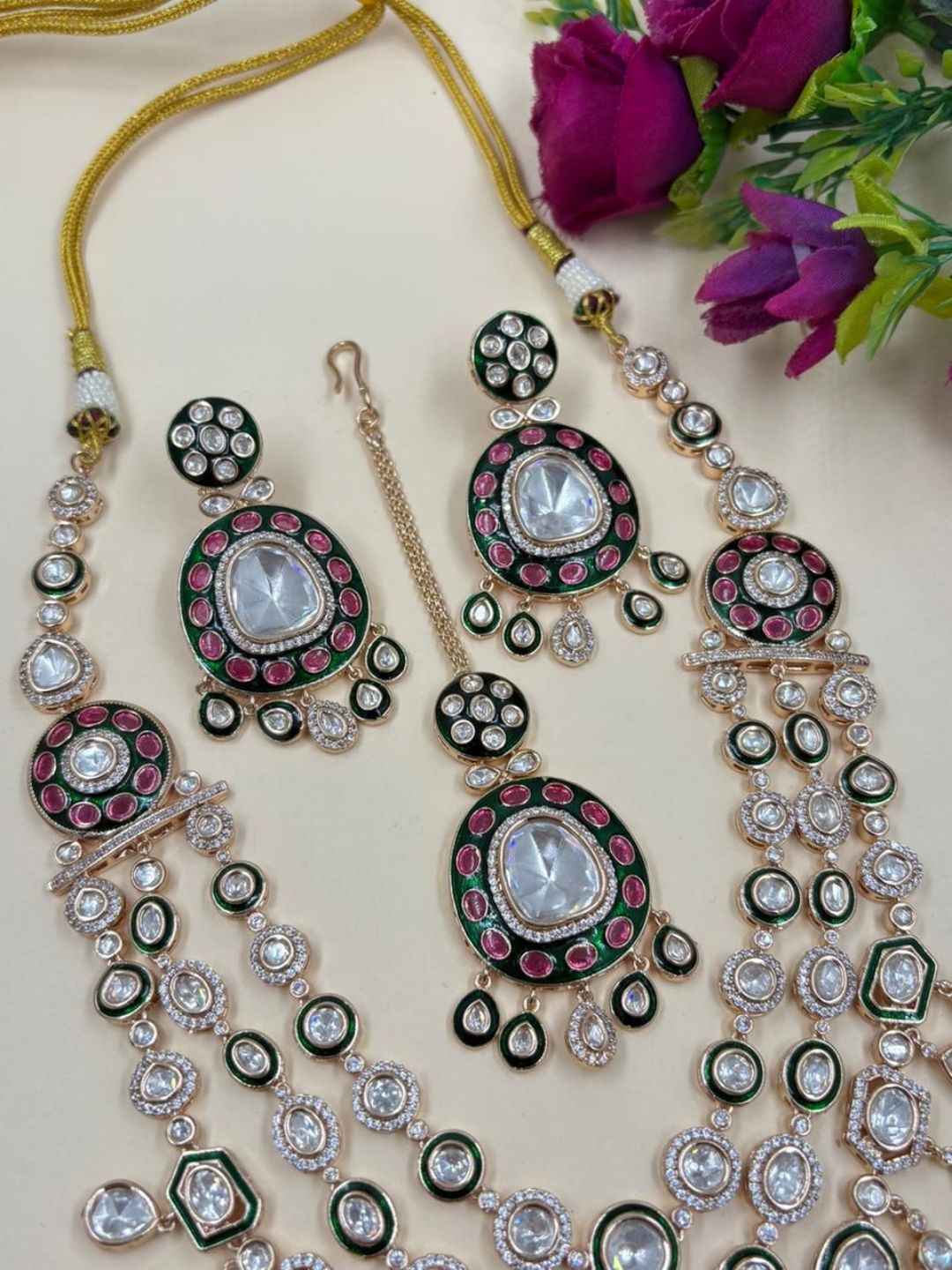 Designer Kundan Wedding Jewelry Set With Green Enamel | Traditional Bridal Jewellery Set Wiith Tikka