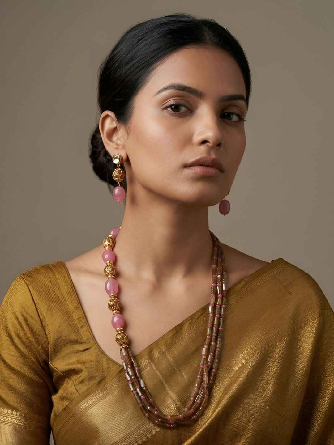 Handcrafted Side Pattern Jade Gemstone Beaded Jewellery Necklace Set - Ethnic And Traditional Wear