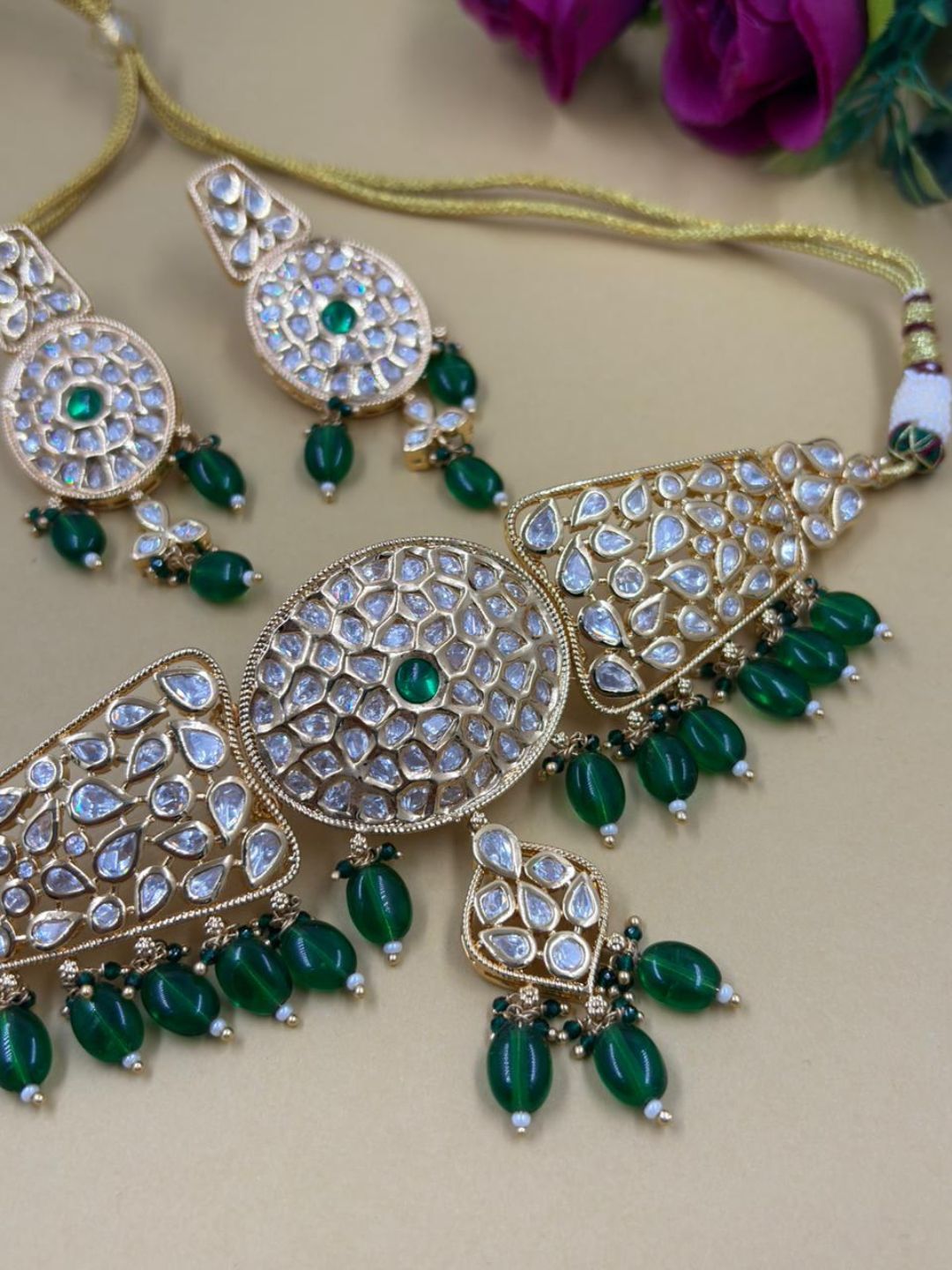 Gold Plated Statement Look green Kundan Choker Necklace Set - Wedding And Party Wear