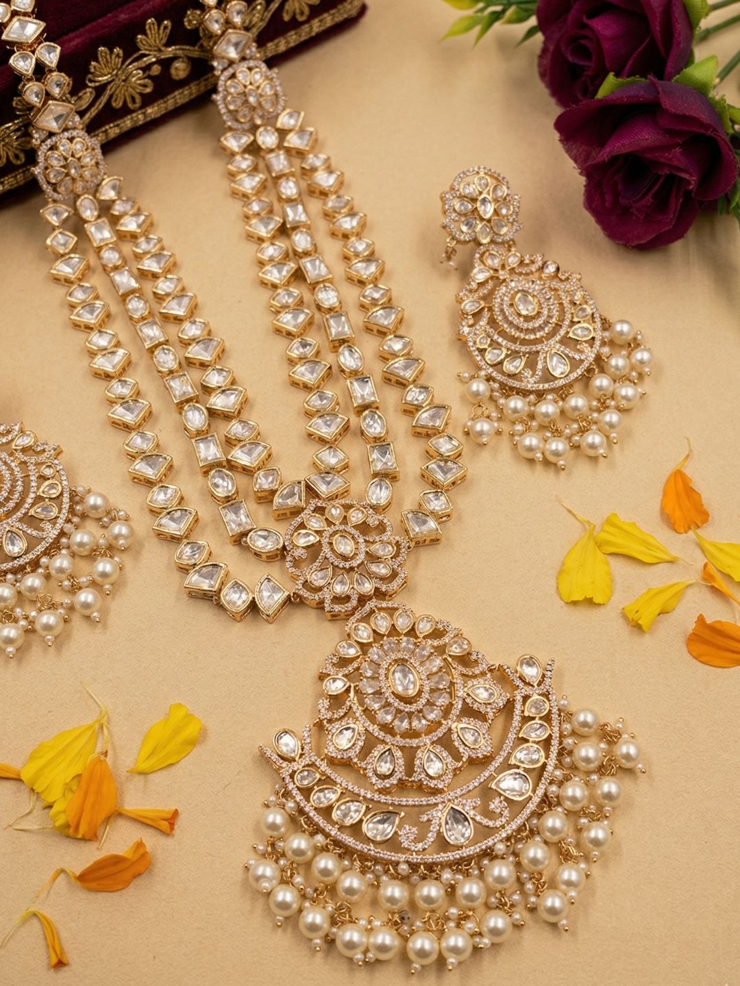 Luxurious Long Layerd Polki Kundan Necklace Set With Pendant | Wedding And Bridal Jewellery Set 