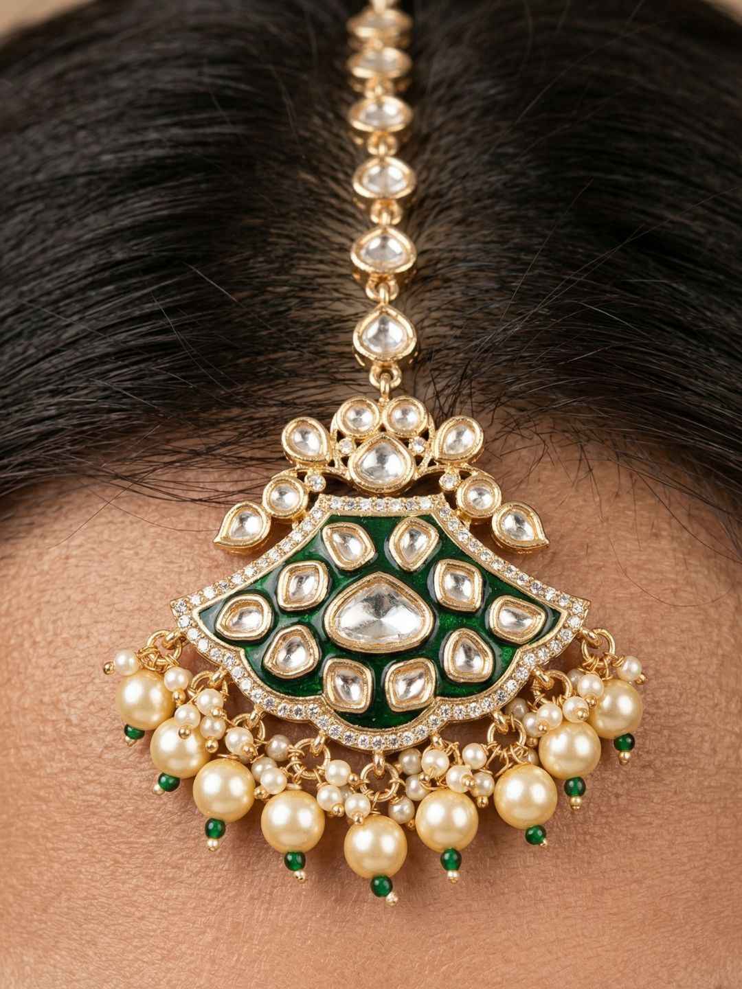 Gold Plated Luxury Wedding Polki Kundan Necklace Set With Tikka - Wedding & Bridal Jewellery Set