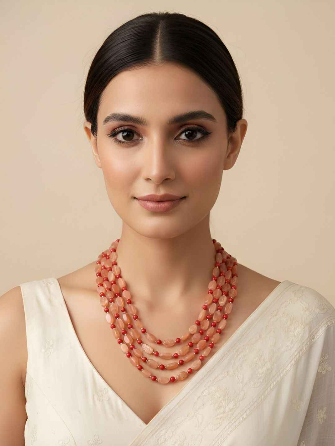 Elegant Layered Red Colral & Natural Moonstone Beaded Necklace For Women