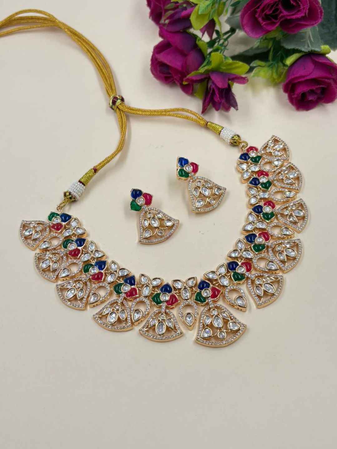 Designer Gold Plated Kundan Polki Necklace Set For Weddings