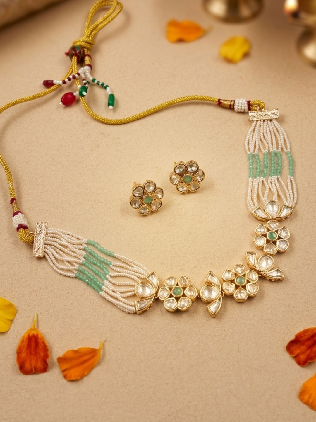 Modern Kundan And Pearl mint green Choker Necklace Set | Contemporary Indian Choker Jewelry