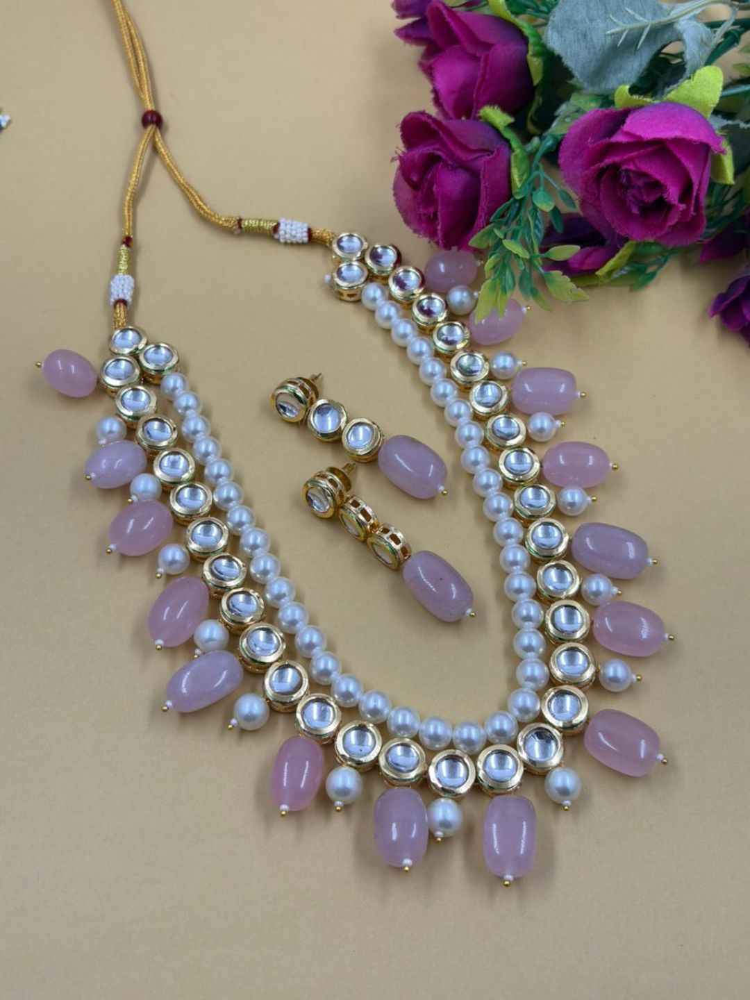 Traditional Gold Plated Beaded Kundan Necklace Set For Women - Ethnic Indian Jewellery Set