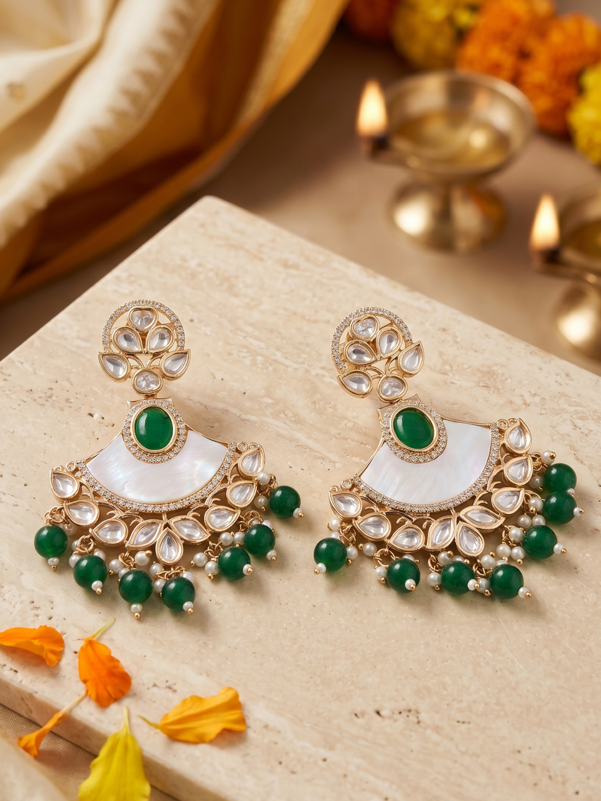 Designer Kundan And Mother Of Pearl green beaded  Beaded Chandbali Earrings For Women  - Statement Earrings