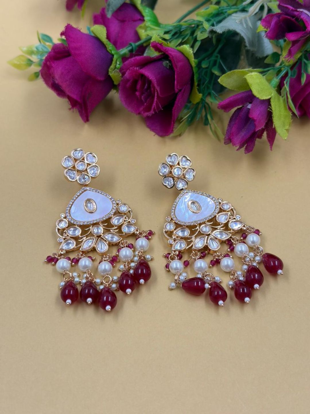 Elegant Gold Plated Mother Of Pearl And Kundan Earrings For Weddings - Statement red kundan Earrings