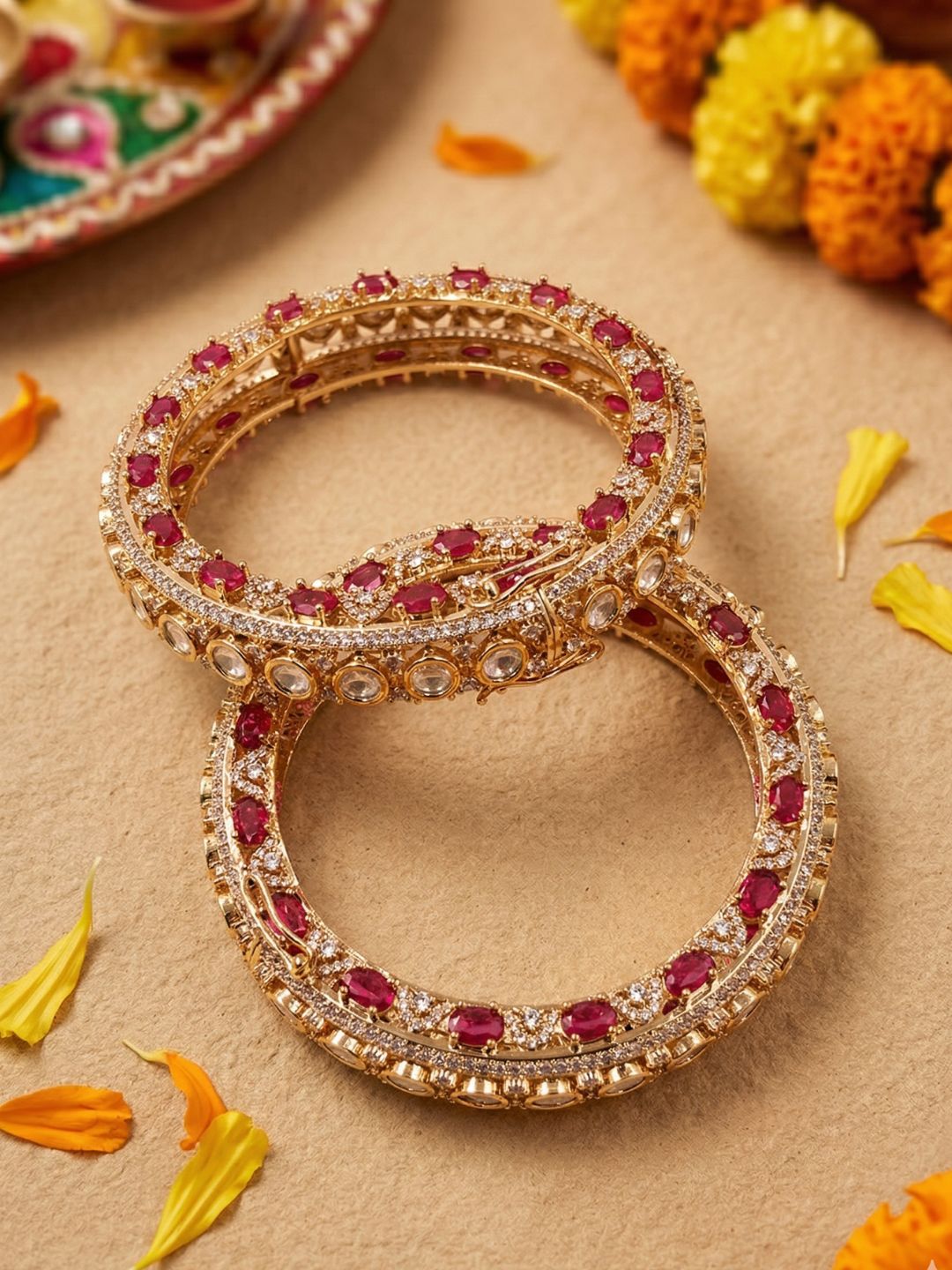 Gold Plated Luxury Polki Kundan Kada Bangles Set For Women | Wedding And Bridal ruby stone Bangles