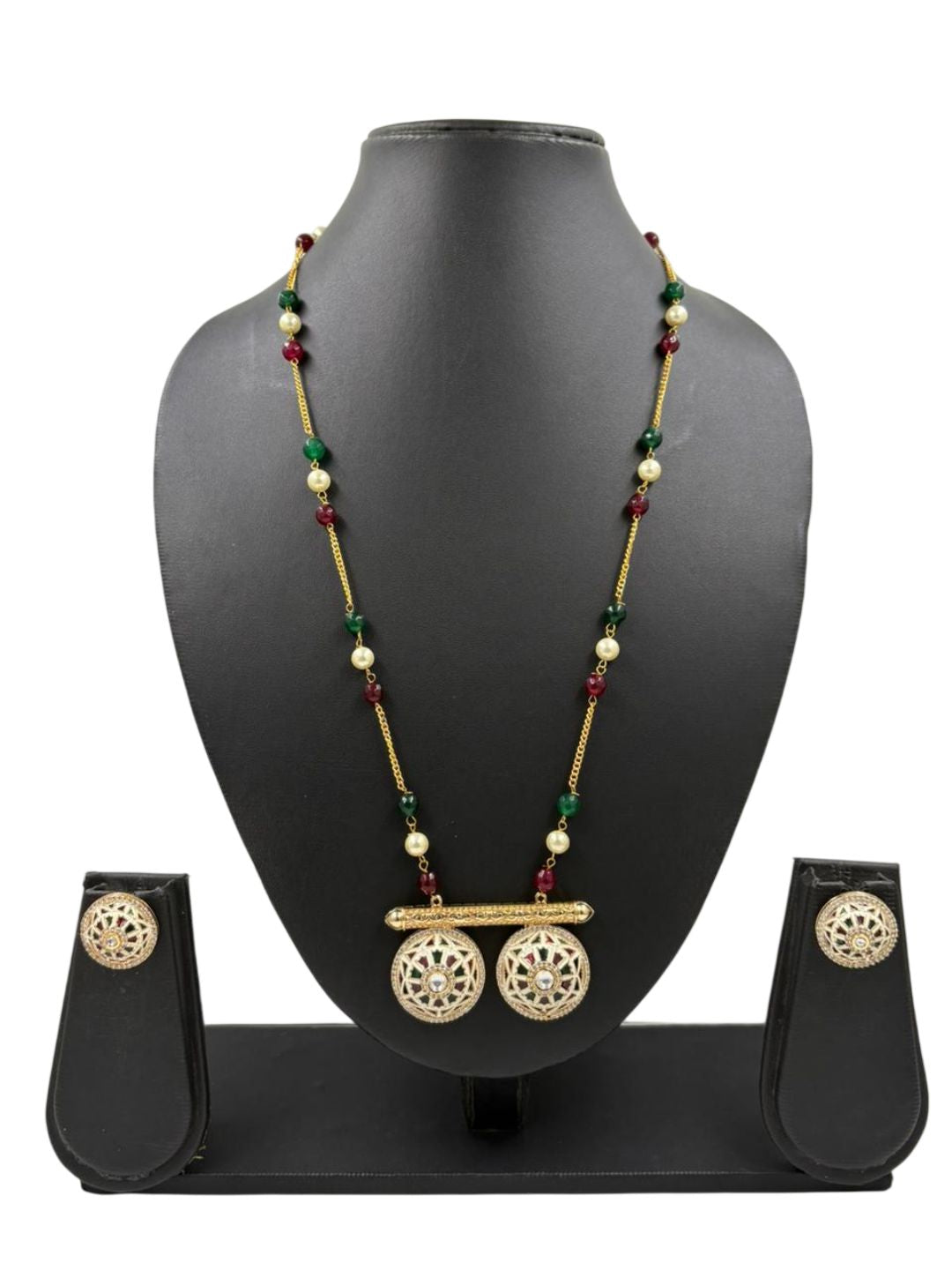 Traditional Long Beaded Chain Pendant Necklace Set With Meenakari - Ethnic Jewellery Set