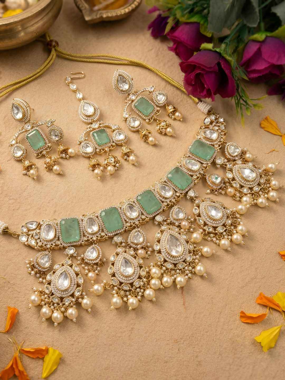 Rose Gold Finish Mossanite Polki Luxury Wedding Choker Jewellery Set - Bridal Jewellery Set With Tikka
