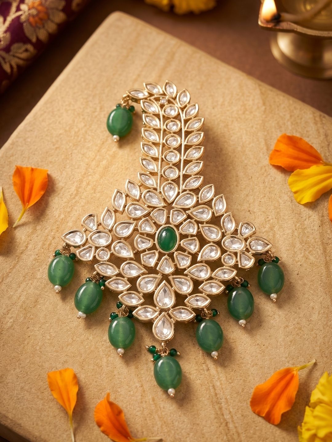 Designer Kundan Safa Kalgi For Grooms | Kalangi Brooch For Men with green stones 