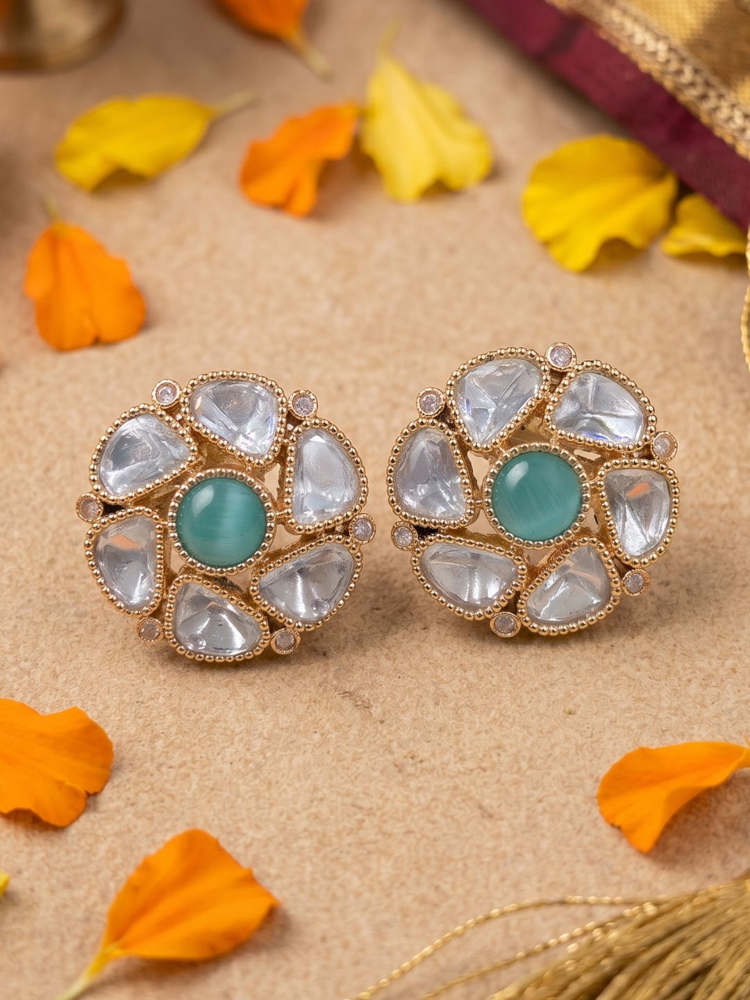 Elegant Gold Plated Polki Kundan Stud Earrings For Women | Ethnic And Traditional Indian mint green kundan stud Earrings