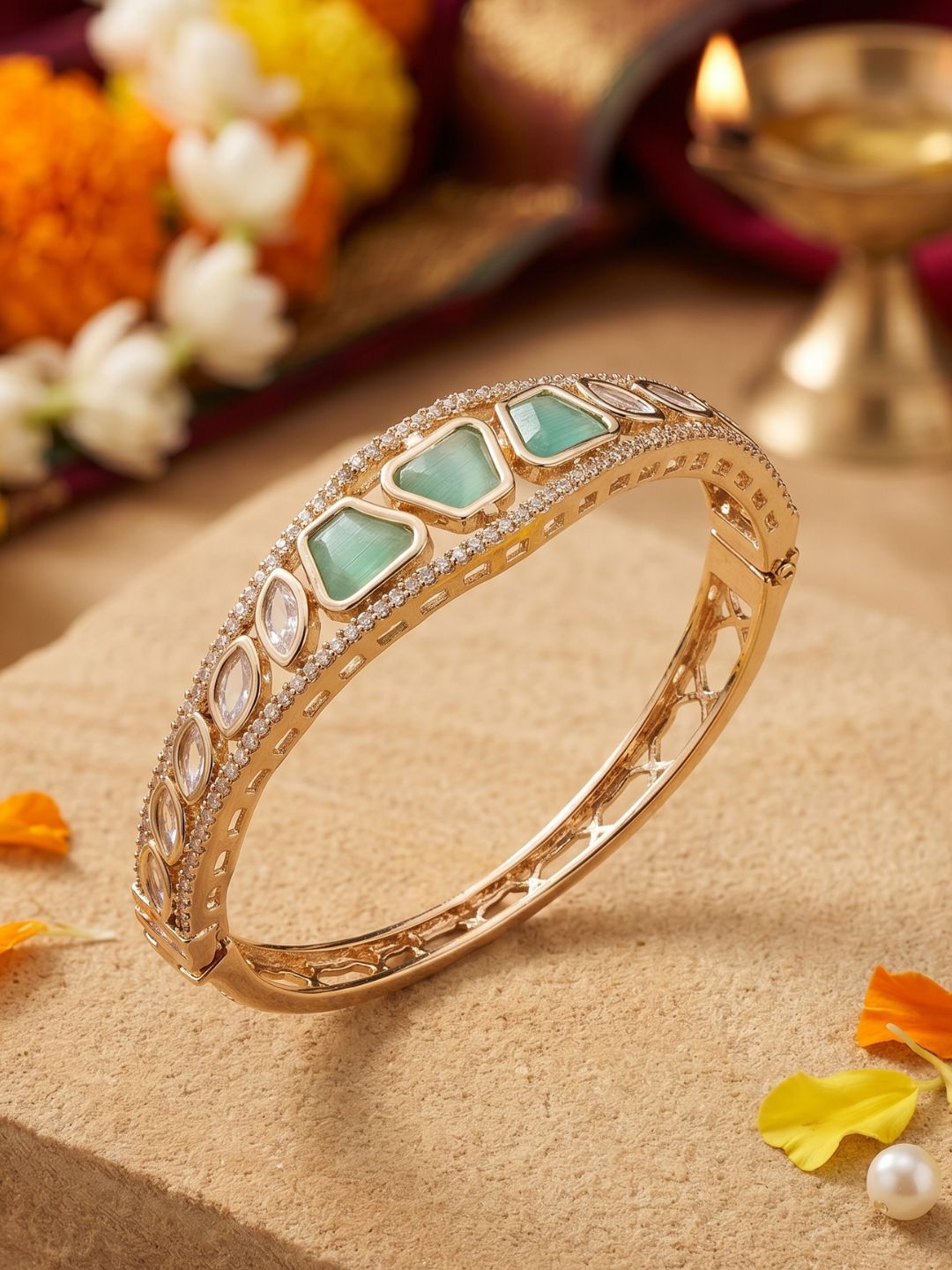 Gold Plated Elegant Sleek studded Kundan and light green  stone Bracelet For Women | Ethnic & Traditional Wear delicate bracelets 