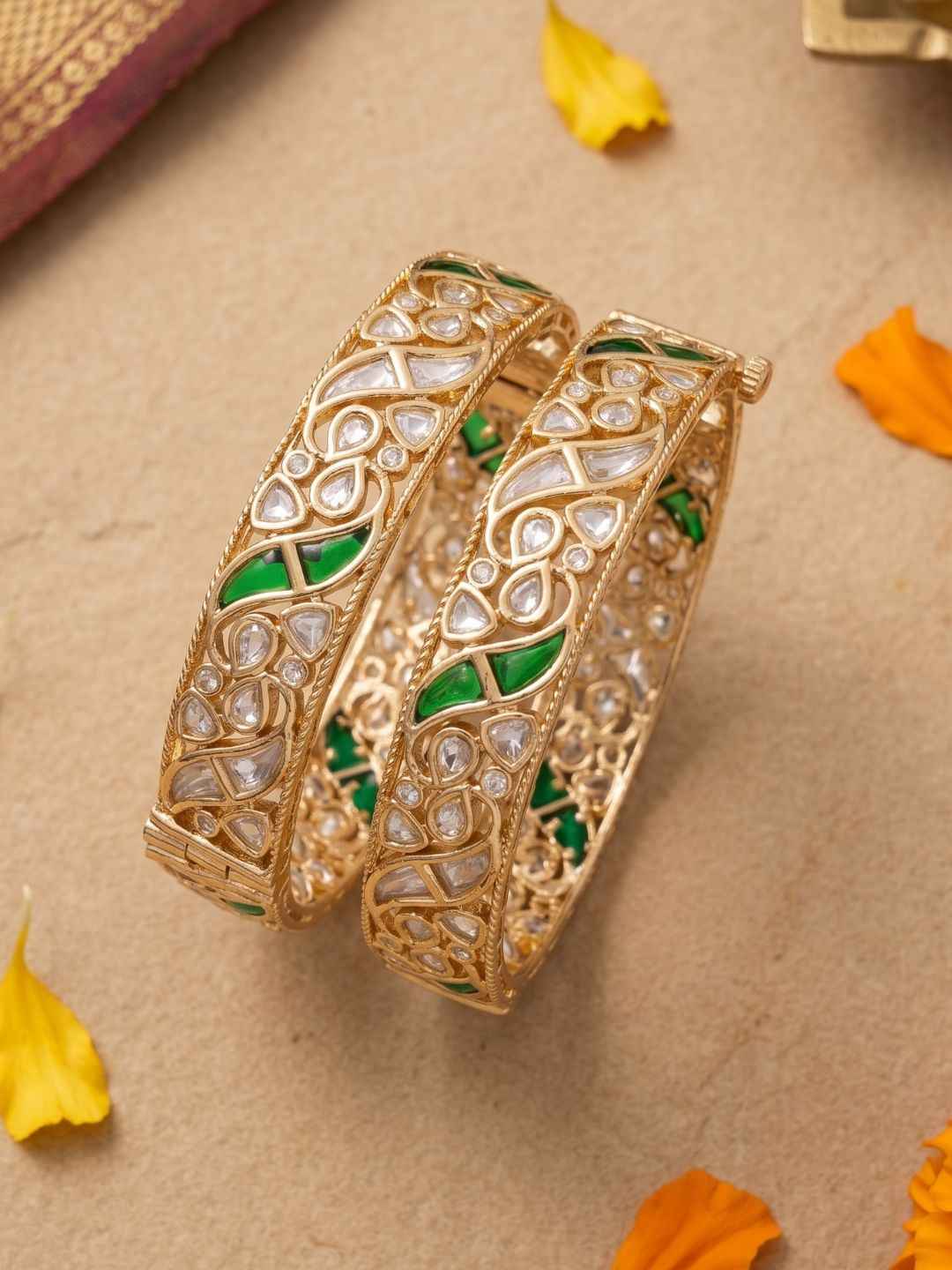 Gold Palted Uncut Polki Kundan Kada Bangles | Wedding And Festive Wear Indian Bangles