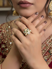 Gold Plated green Meenakari And Kundan Adjustable Ring For Ladies - Festive And Party Wear