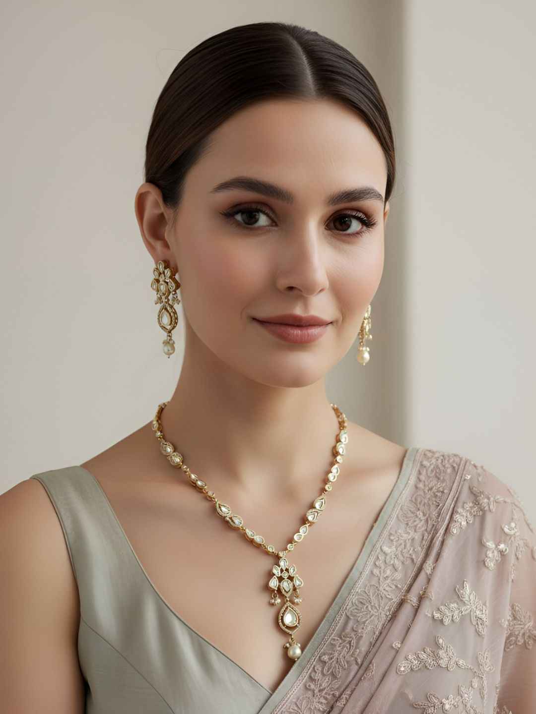 Elegant Rose Gold Finish Polki Necklace Set For Women - Indo Western Modern Jewellery Set