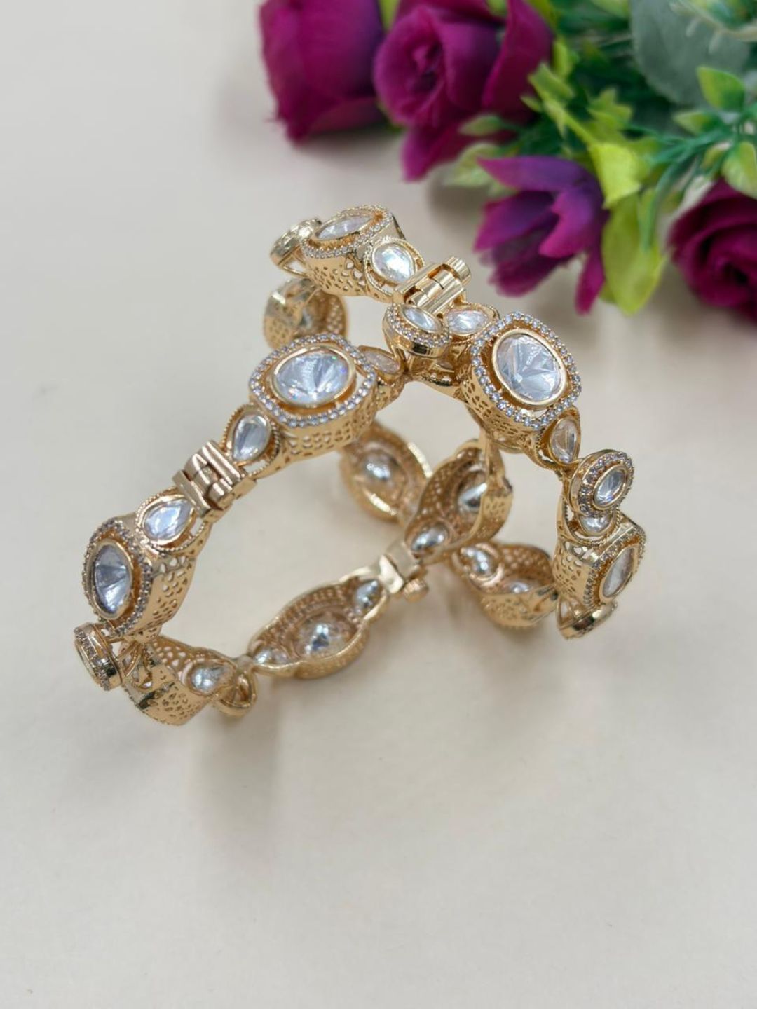 Rukmani Rose Gold Finish Kundan Polki Bangles For Women - Ethnic And Traditional Wear