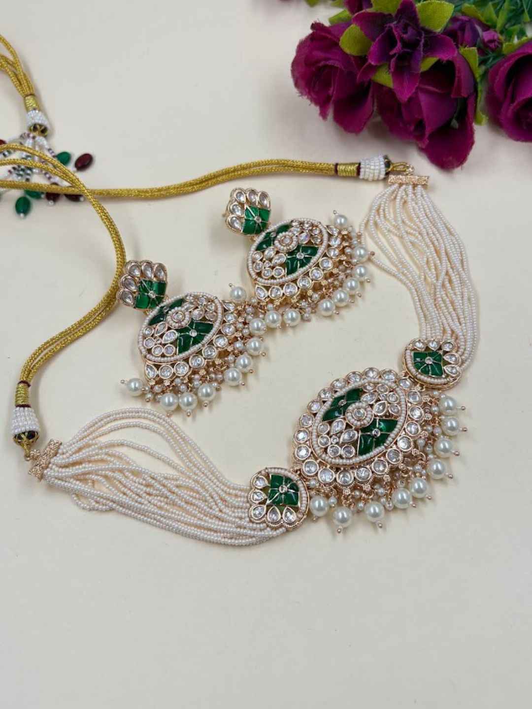 Gold Plated Statement Look green Beaded Kundan Choker Necklace Set - Wedding Jewellery Set
