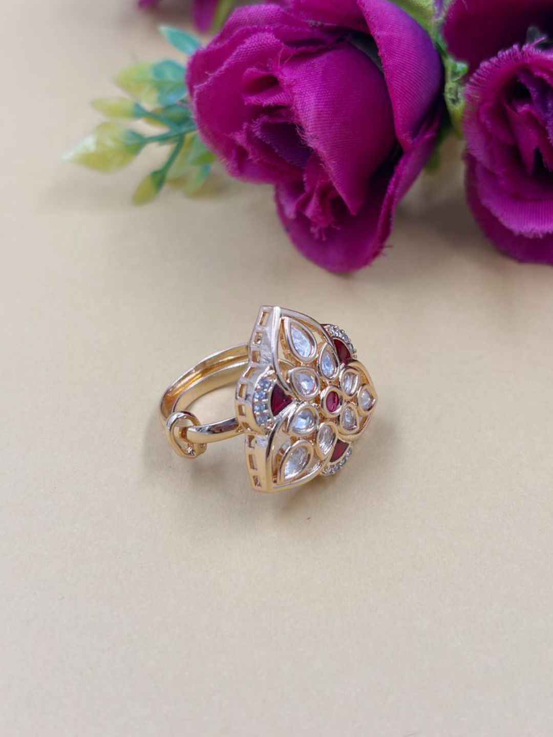 Gold Plated Meenakari And Kundan Adjustable Ring For Ladies - Festive And Party Wear