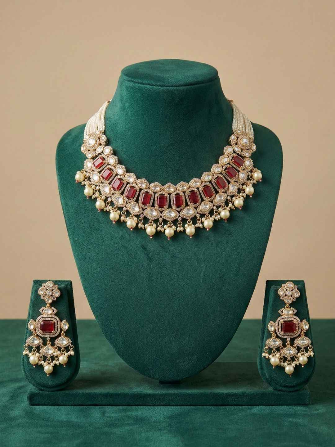 Designer Gold Plated Beaded Ruby Stone And Polki Wedding Jewellery Set | Traditional And Ethnic Wear