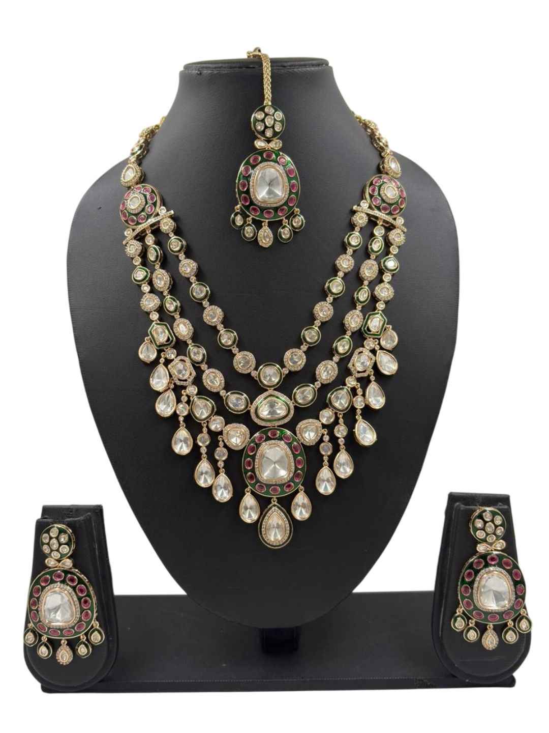 Designer Kundan Wedding Jewelry Set With Green Enamel | Traditional Bridal Jewellery Set Wiith Tikka