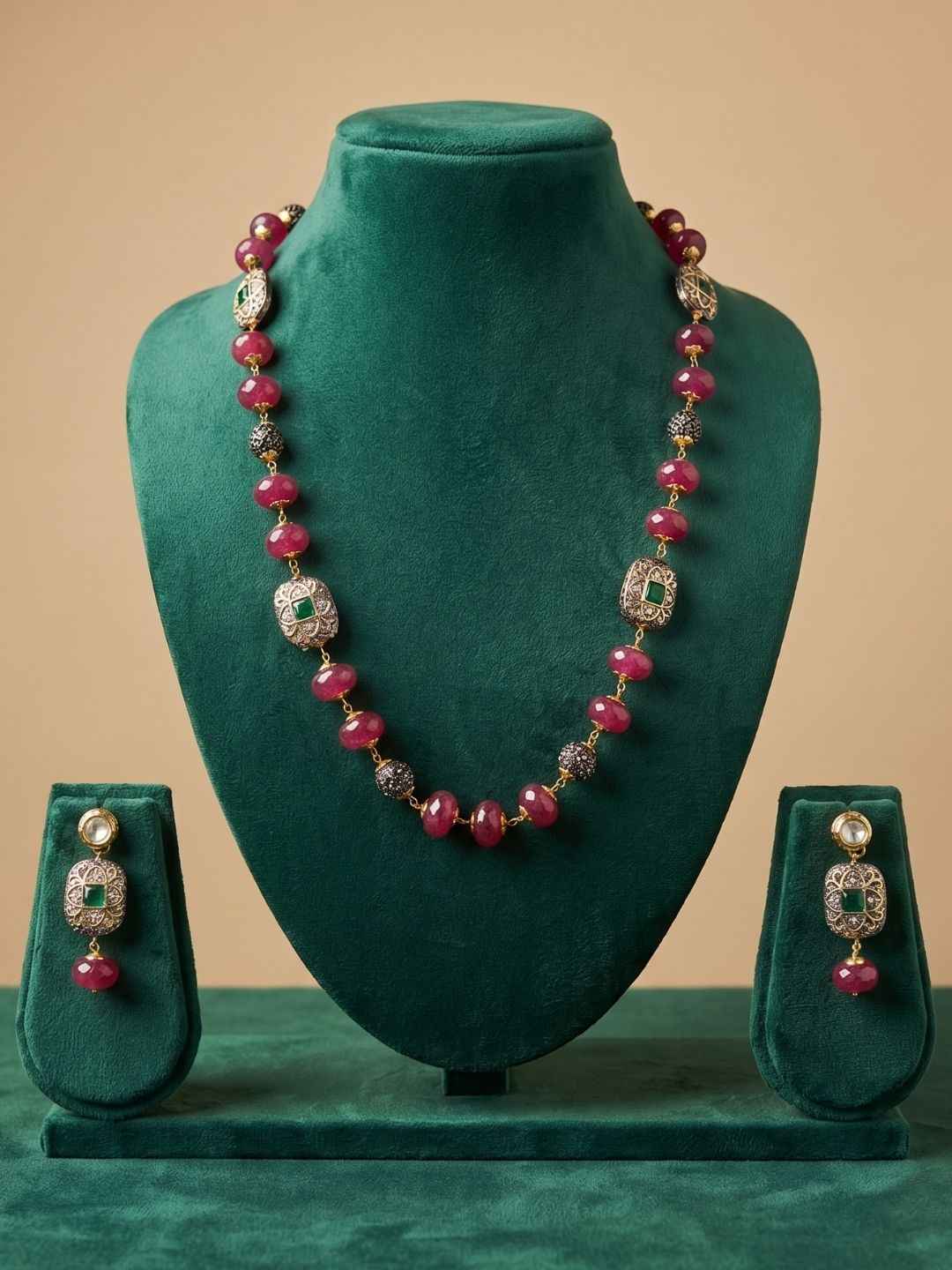 Elegant Gemstone Ruby Pink Beaded Necklace Set | Ethnic Beaded Jewellery Set