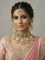 Rose Gold Finish Mossanite Polki Luxury Wedding Choker Jewellery Set - Bridal Jewellery Set With Tikka