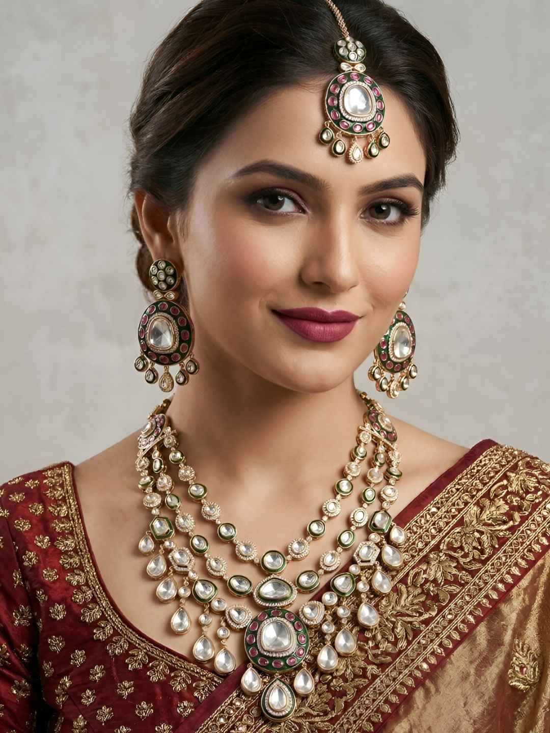 Designer Kundan Wedding Jewelry Set With Green Enamel | Traditional Bridal Jewellery Set Wiith Tikka