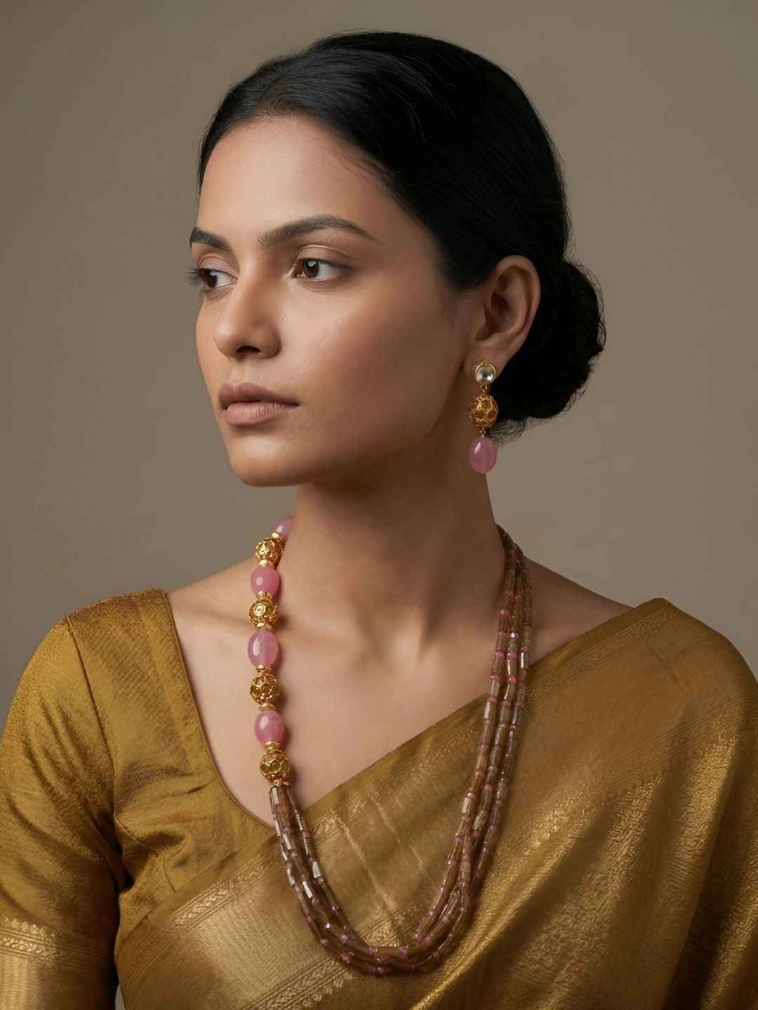 Handcrafted Side Pattern Jade Gemstone Beaded Jewellery Necklace Set - Ethnic And Traditional Wear