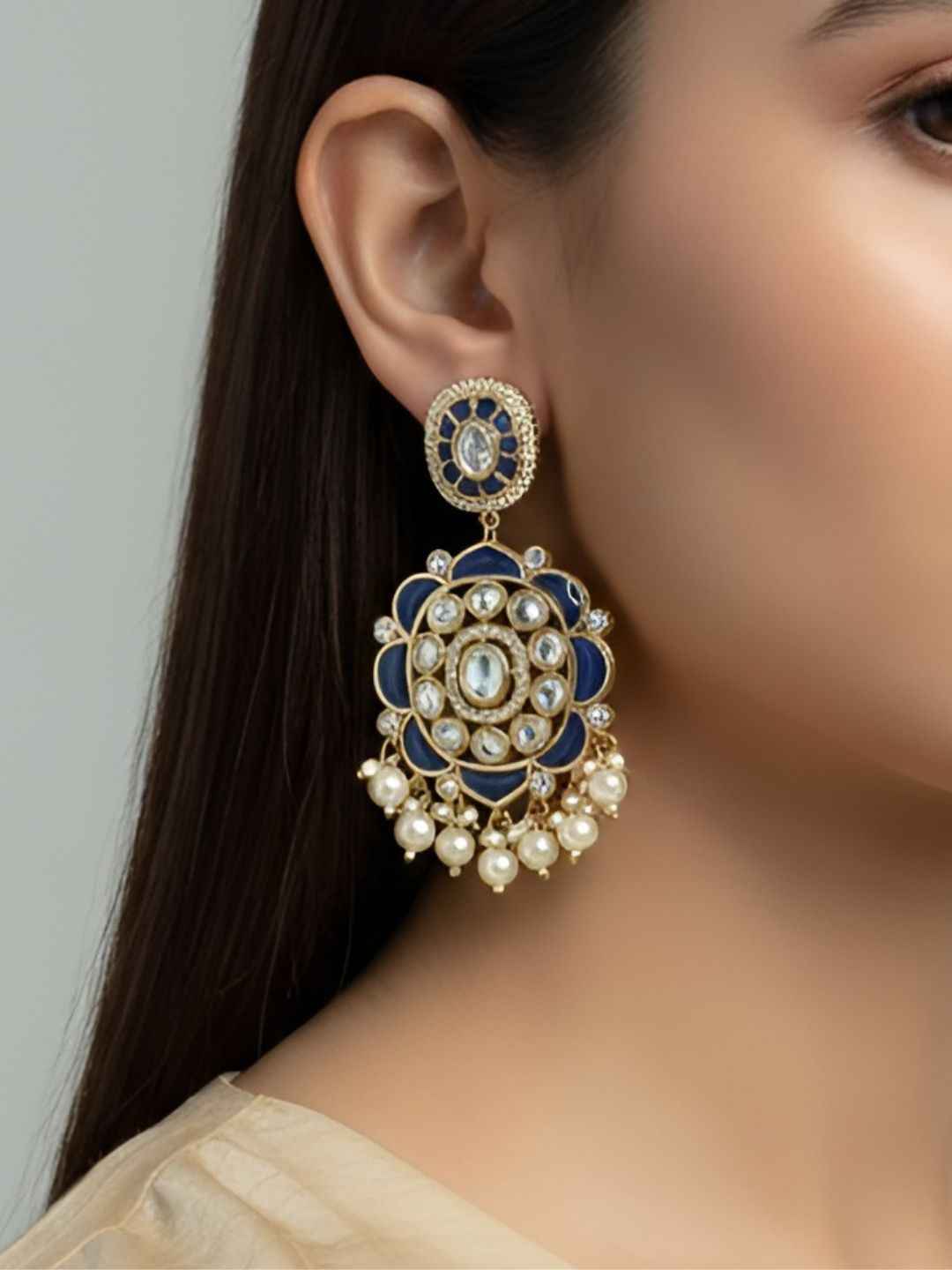 Traditional Kundan and blue Stone studded Earrings for Women | Statement Earrings For Ethnic & Festive Wear
