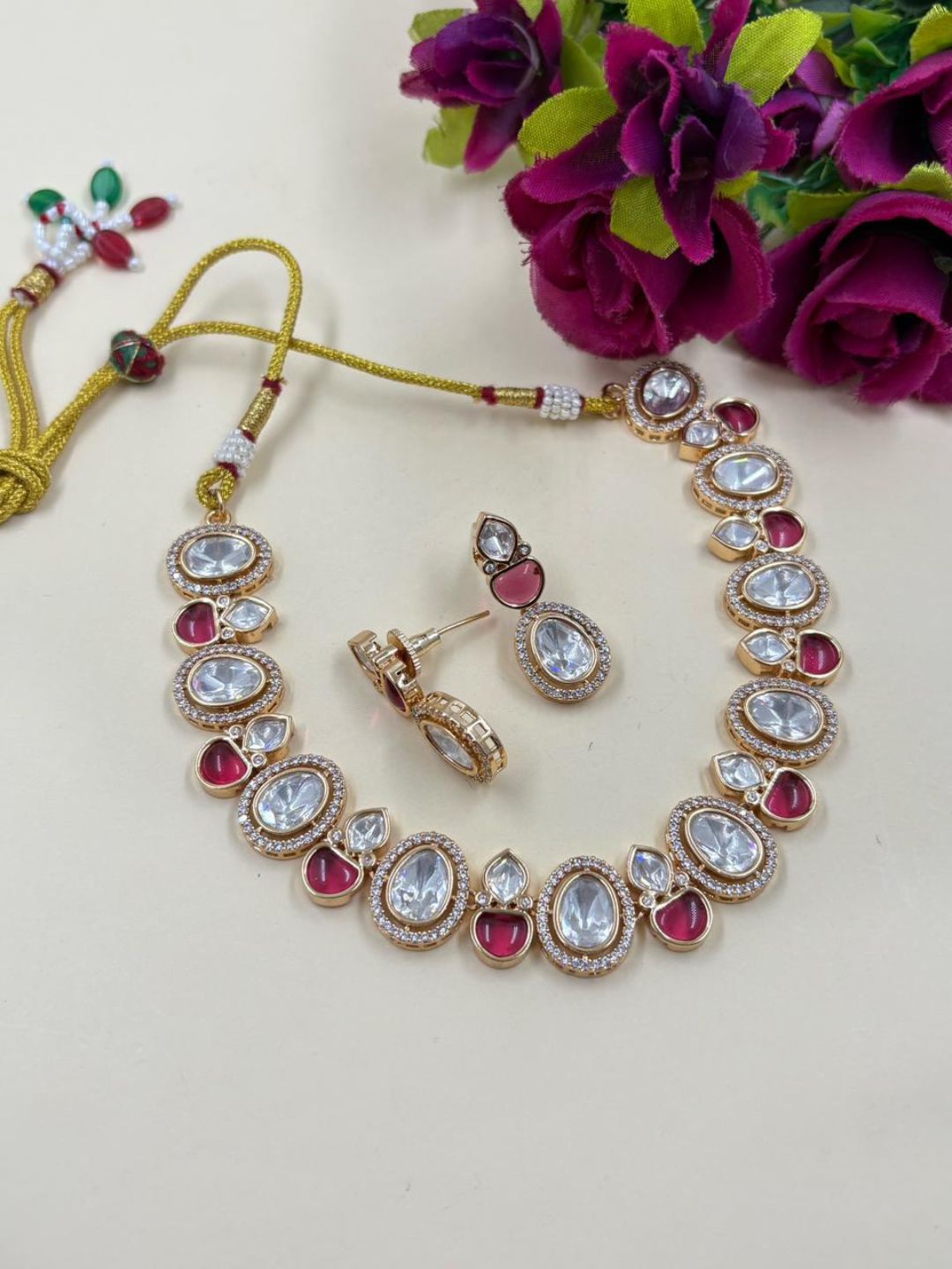 Elegant Modern Look Single Line Polki Necklace Set For Indian & Western Wear