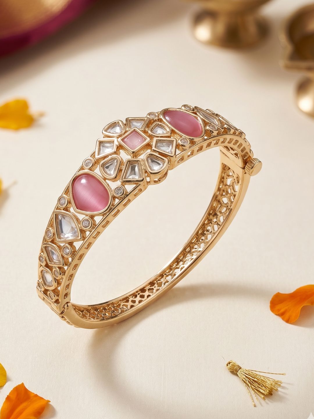 Elegant Pink Kundan Polki Bracelet For Women - Festive & Wedding Wear Bracelet