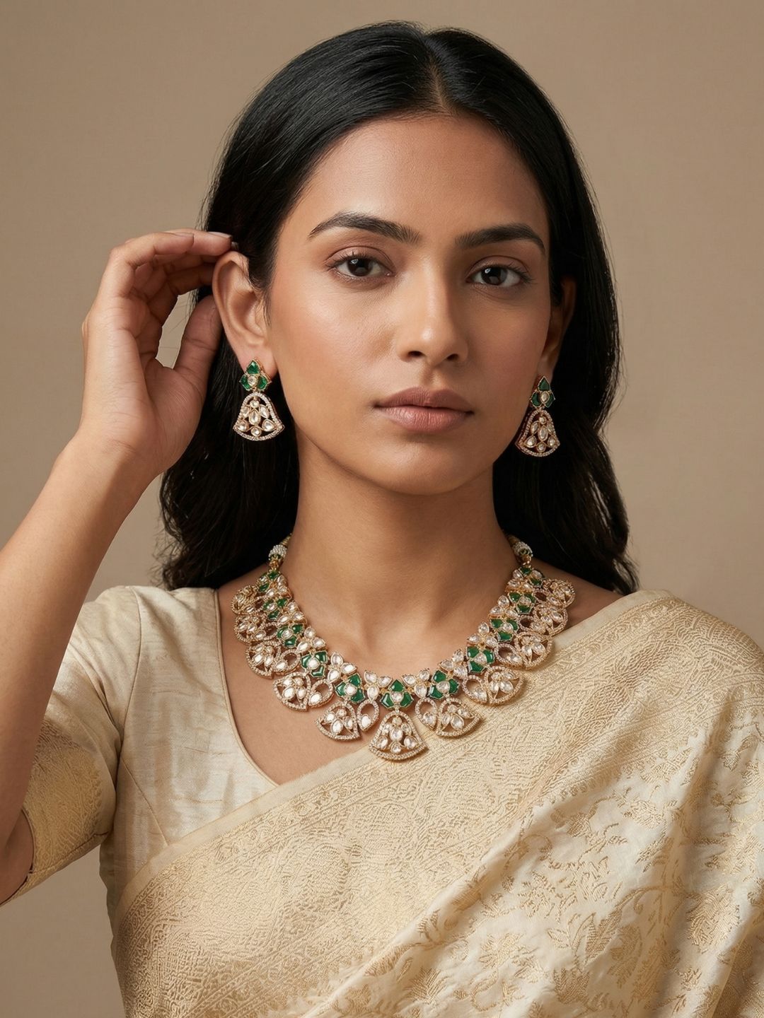 Designer Gold Plated green Kundan Polki Necklace Set For Weddings - Bridal Necklace Set