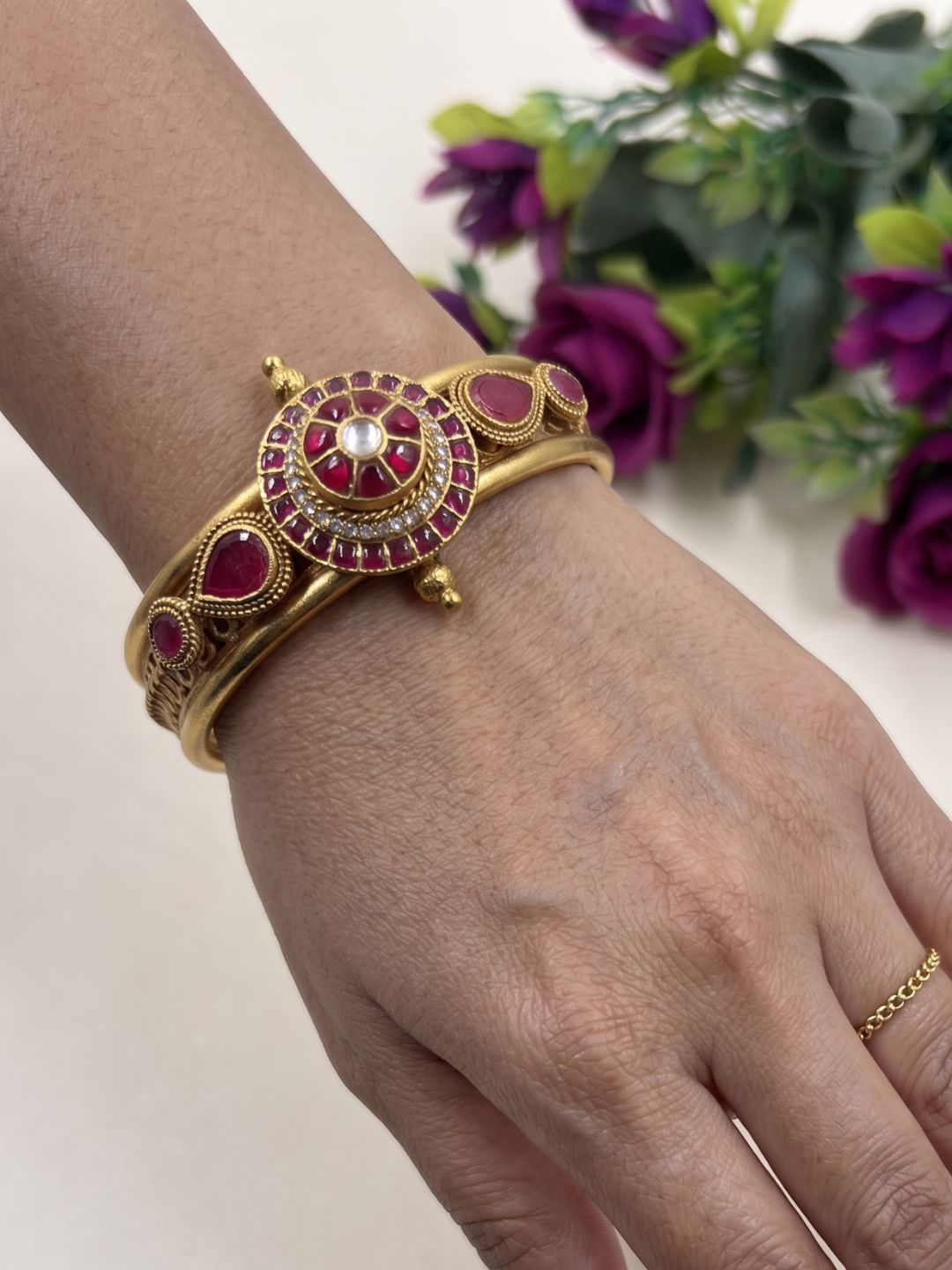 Ethnic Gold Plated Jadau Antique Gold Openable Kada Bracelet | Wedding And Festive Wear Bracelet