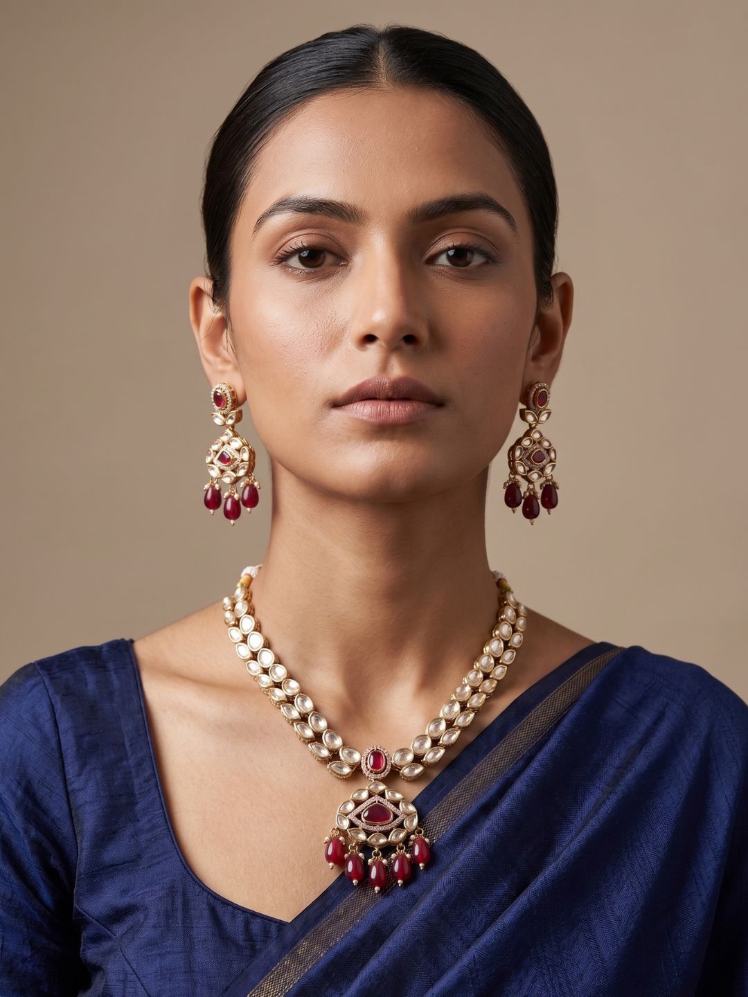 Rose Gold Finish red Kundan Necklace Set - Wedding And Party Wear Kundan Jewelry