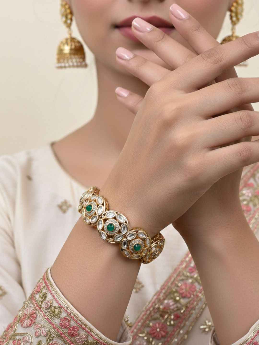 Elegant Next To Real Party & Wedding Wear Openable Kundan Polki Bracelet For Women