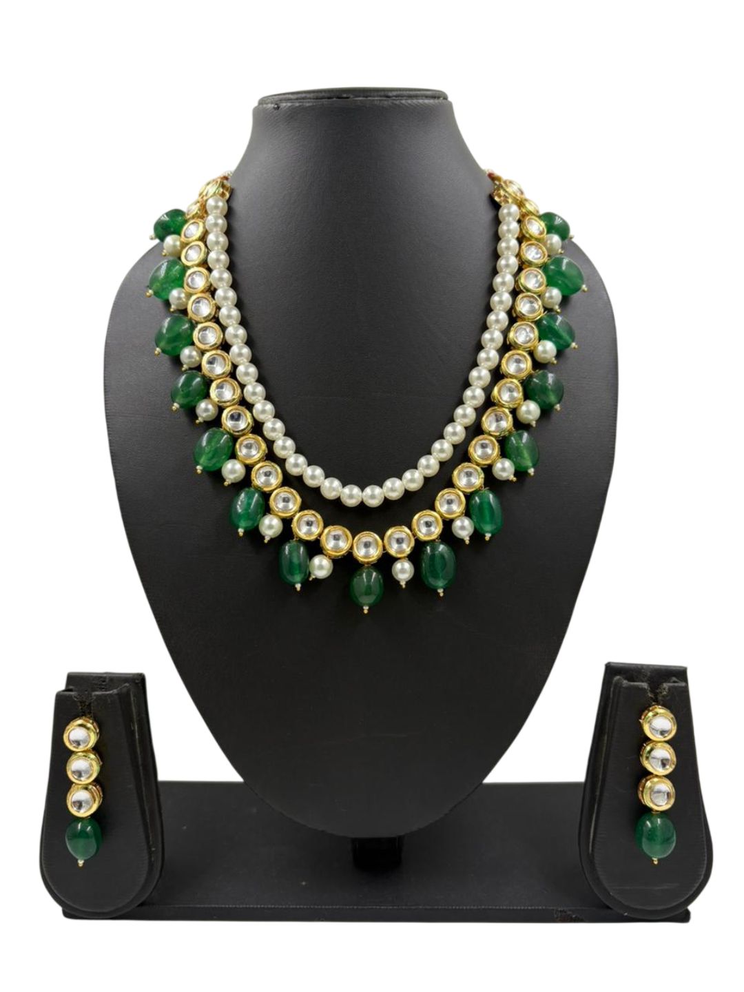 Traditional Gold Plated green stone Beaded Kundan Necklace Set For Women - Ethnic Indian Jewellery Set