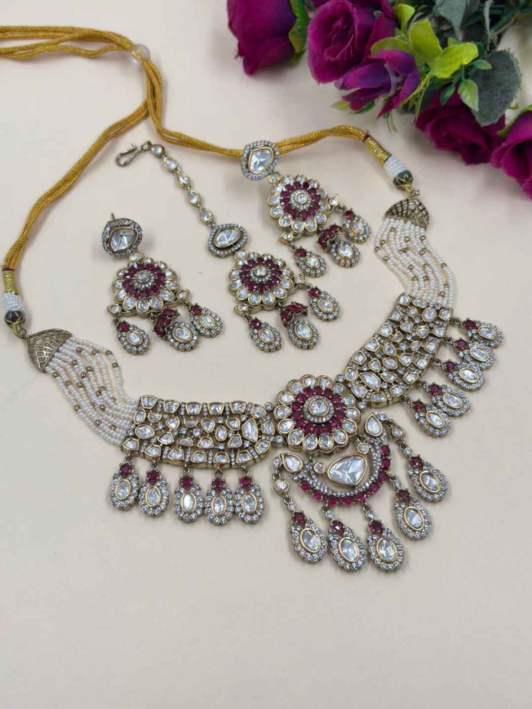 Luxurious Victorian Mossanite Polki Kundan Beaded Choker Necklace Set With Tikka | Wedding Wear