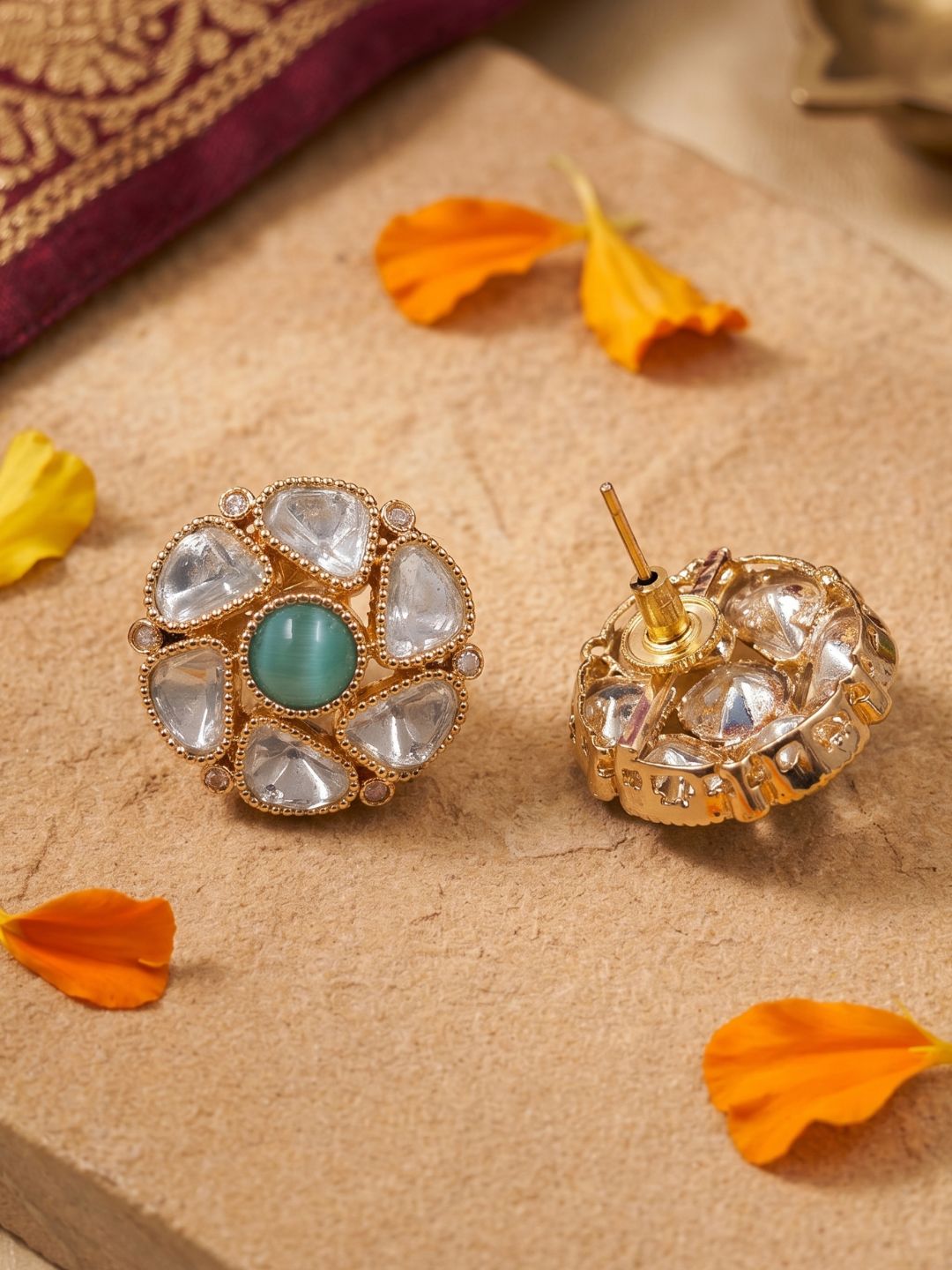 Elegant Gold Plated Polki Kundan Stud Earrings For Women | Ethnic And Traditional Indian Earrings