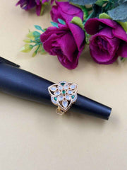 Gold Plated Meenakari And Kundan Adjustable Ring For Ladies - Festive And Party Wear