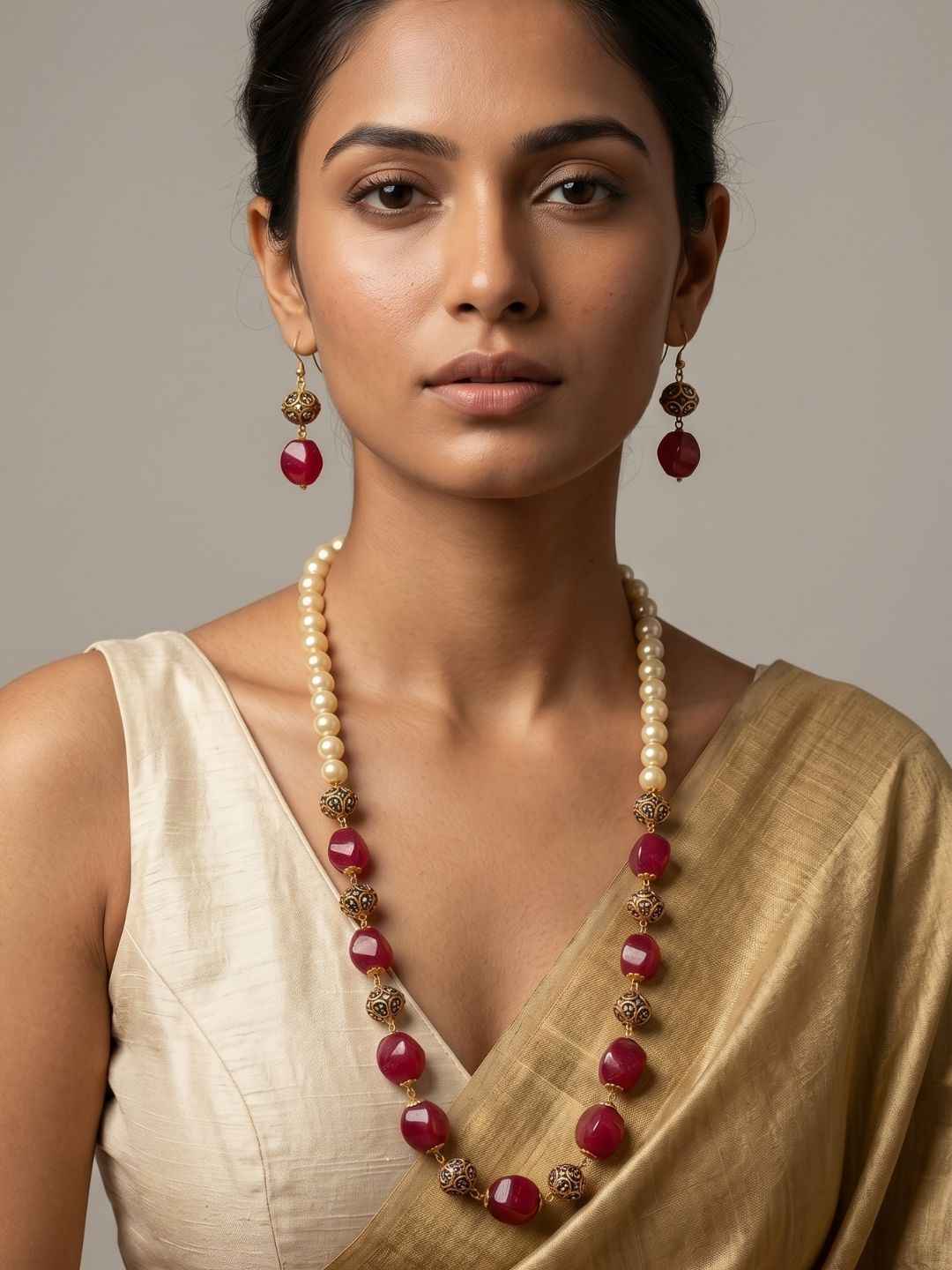 Long Semi Precious Red Jade Beaded Necklace Set For Women | Ethnic And Traditional Wear