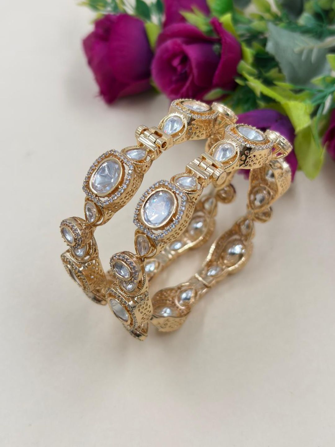 Rukmani Rose Gold Finish Kundan Polki Bangles For Women - Ethnic And Traditional Wear