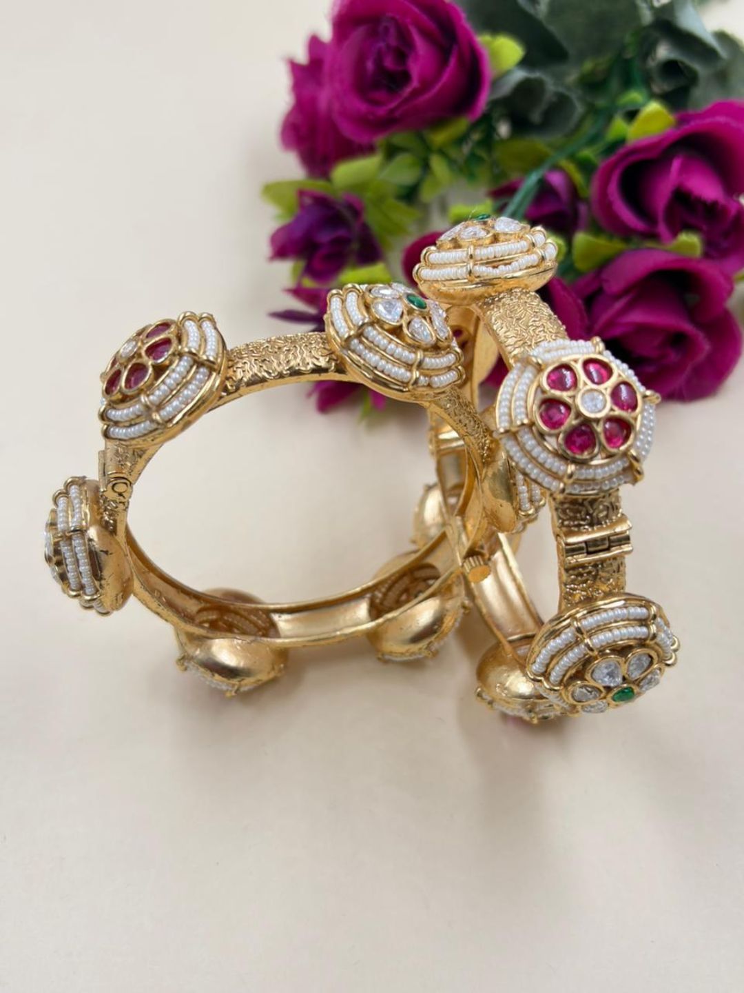 Traditional Gold Plated Kundan Kada Bangles For Women - Wedding & Party Wear 